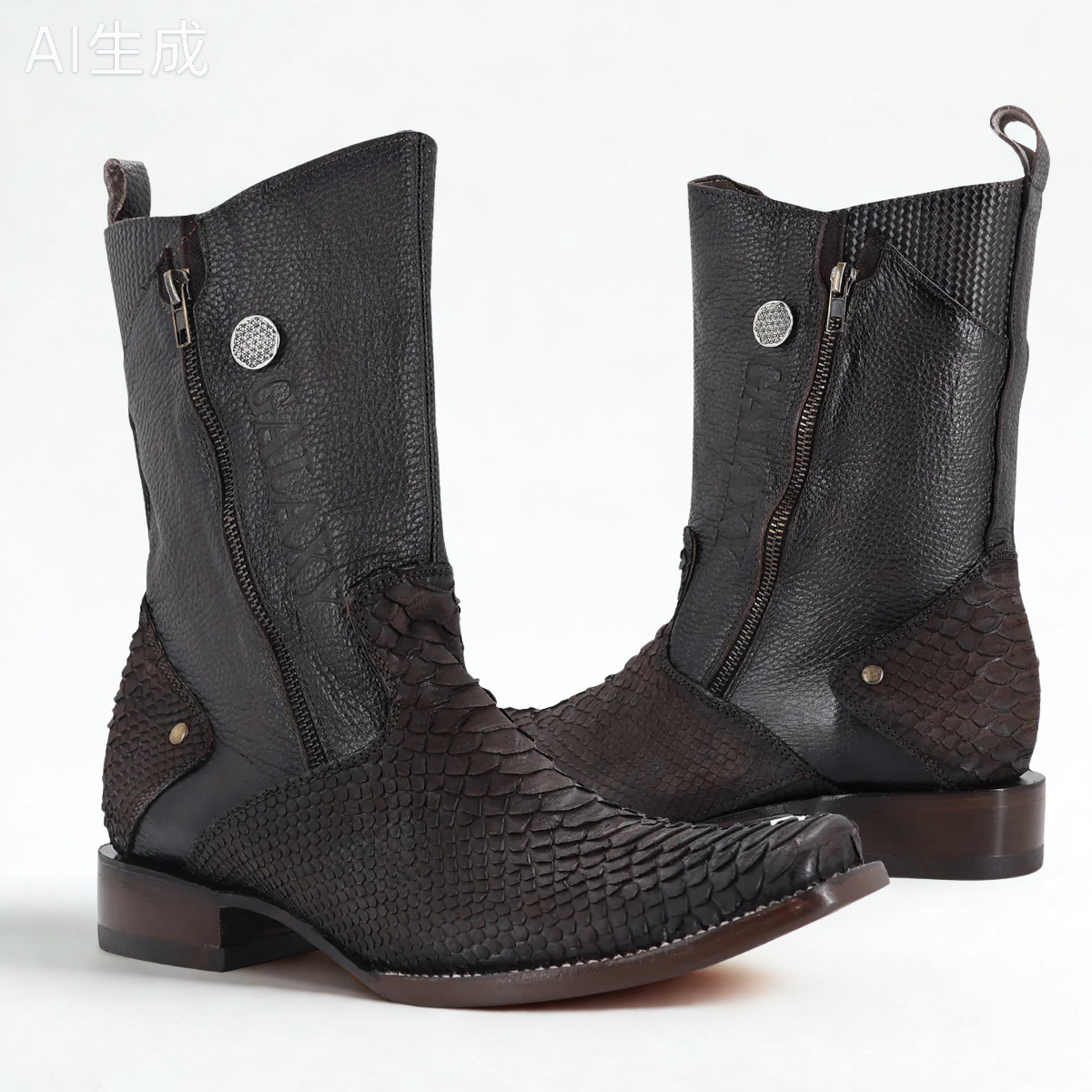 Men's Python-Print Cowboy Boots With Dual Zippers