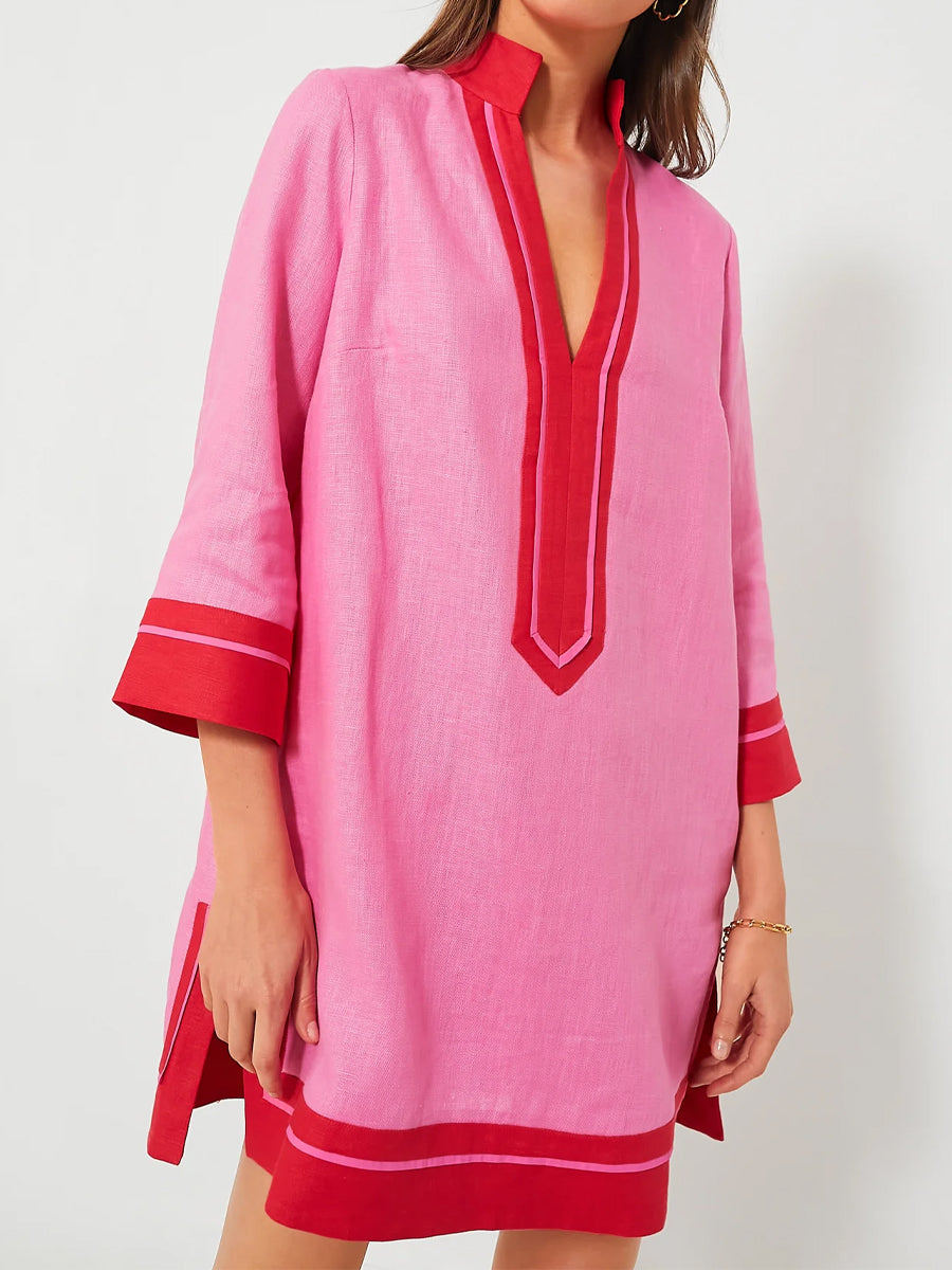 Stand Collar V Neck A-line Dress