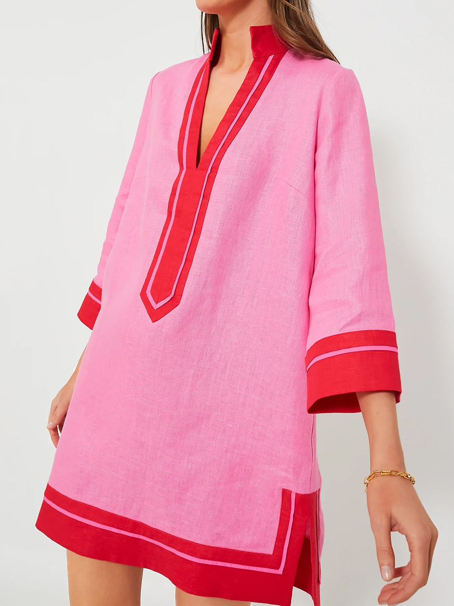 Stand Collar V Neck A-line Dress