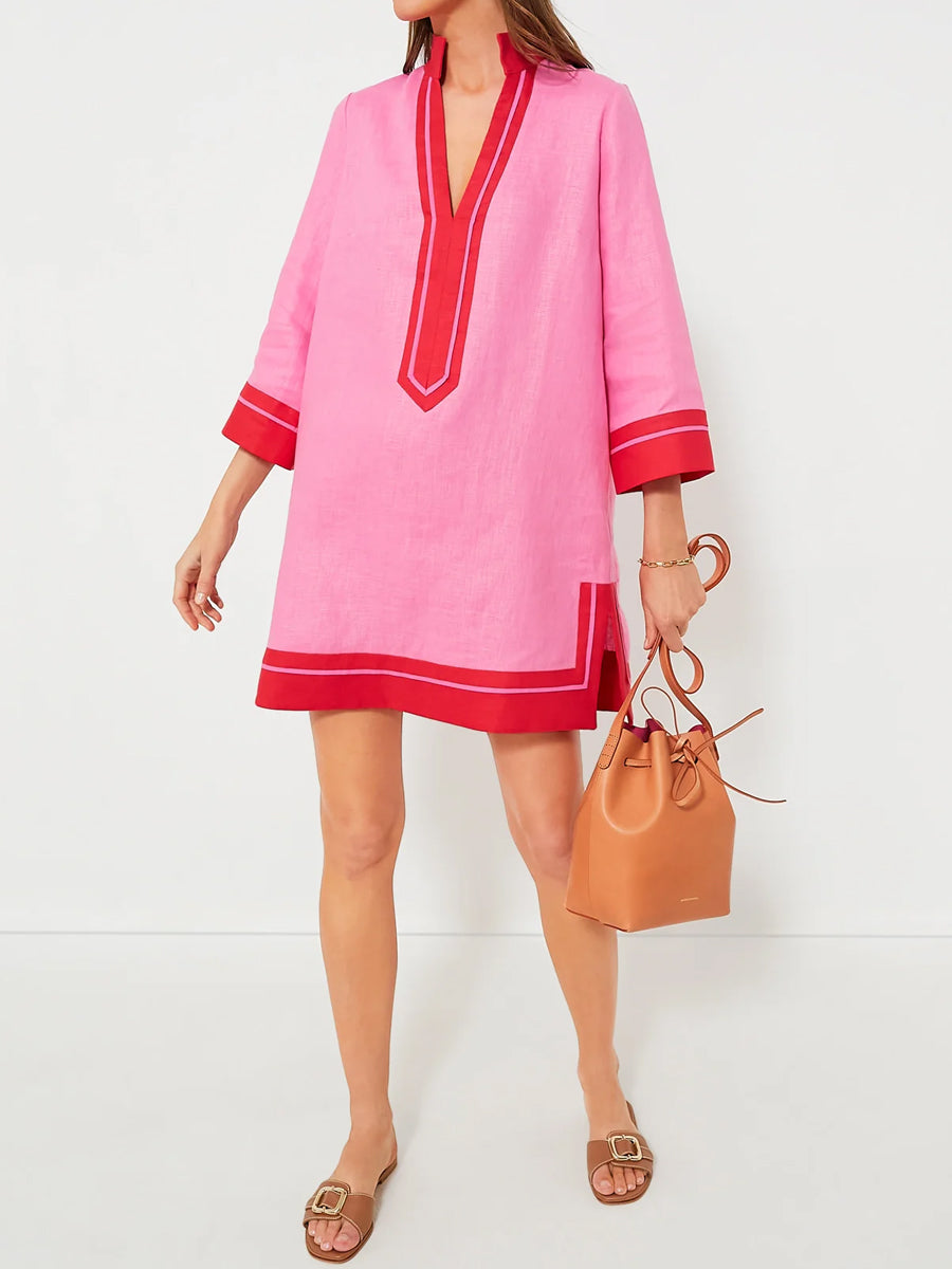 Stand Collar V Neck A-line Dress