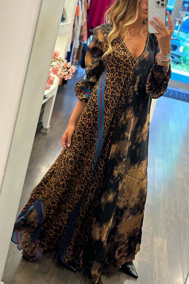 Women's V-neck Loose Leopard Print Long Skirt