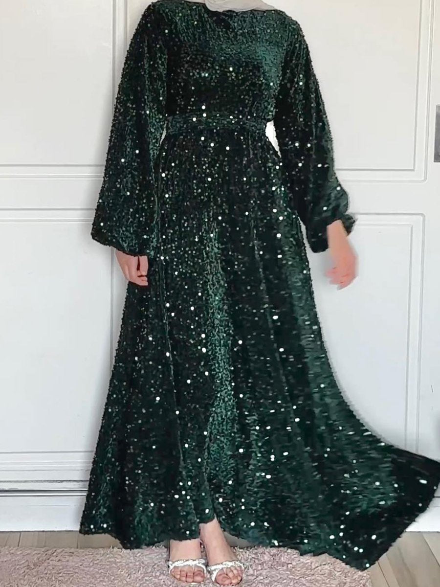 Round Neck Long Sleeve Sequin Dress