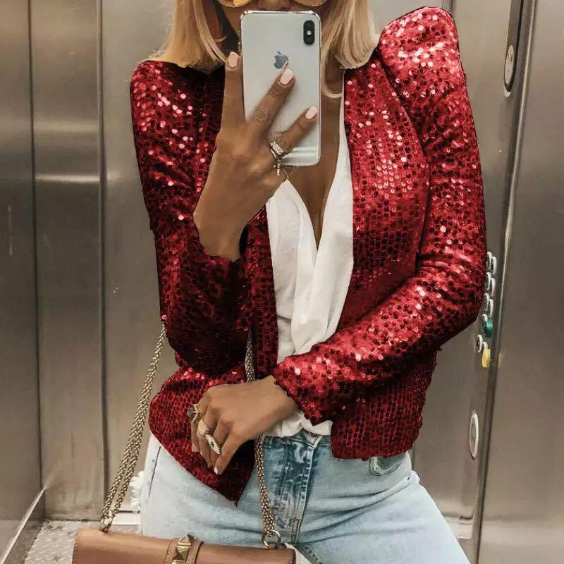 Stand collar color block sequined jacket