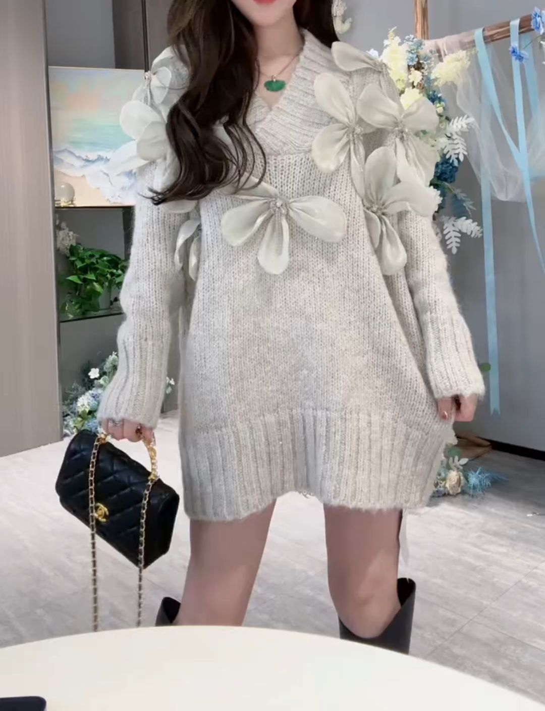 Women's Diamond-encrusted Three-dimensional Flower Sweater
