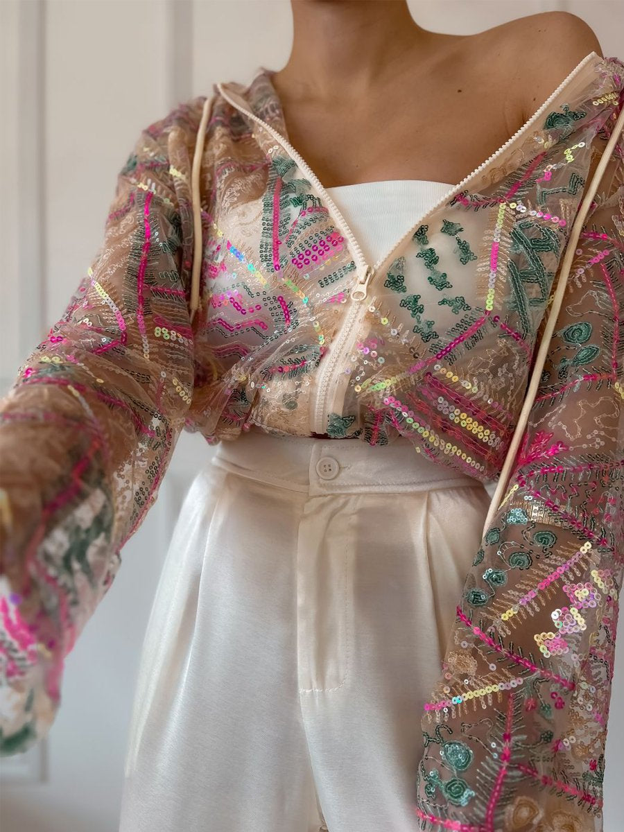 Sequined Mesh Hooded Sunscreen Jacket