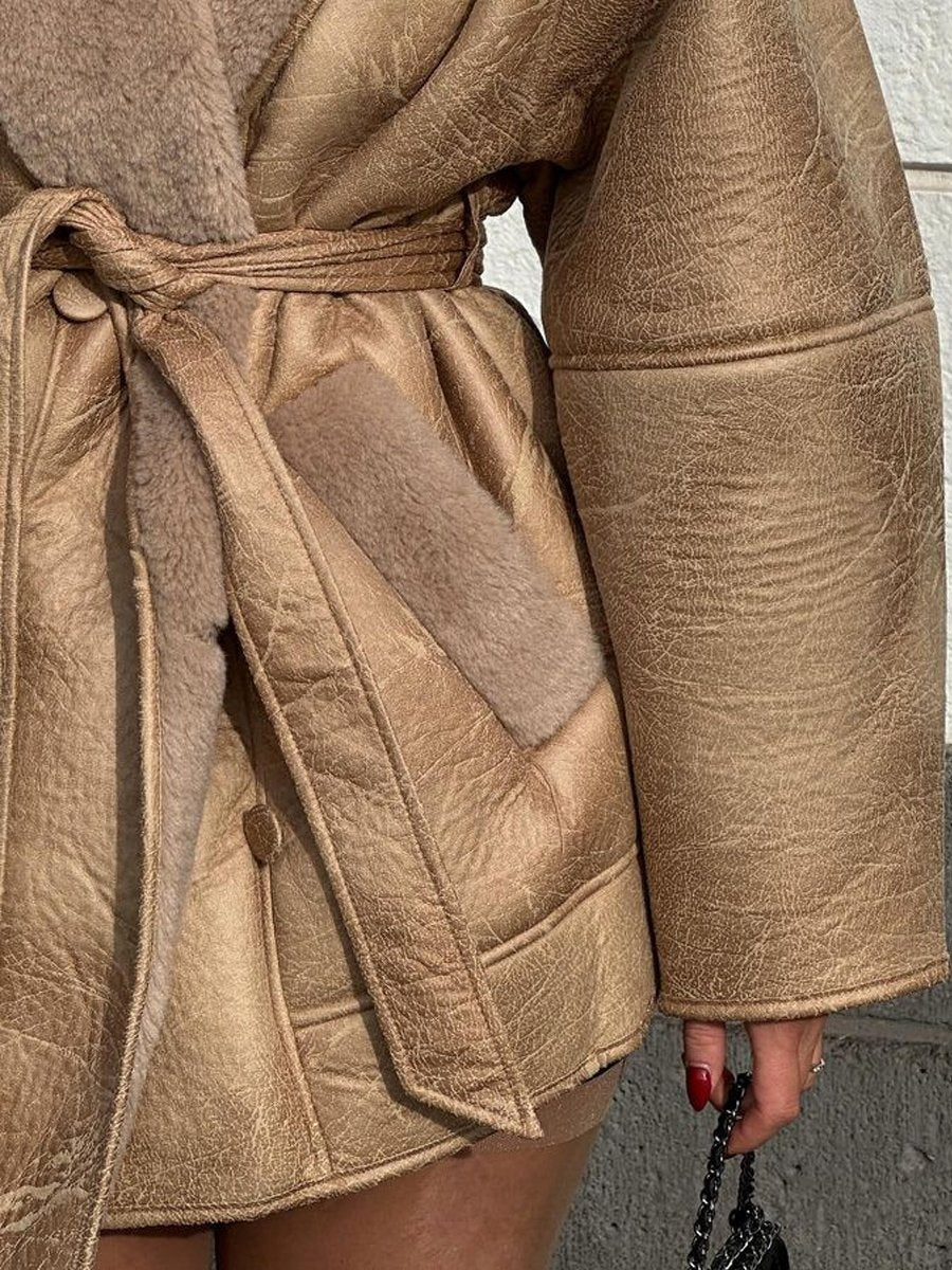 Fashion Leather Fur Collar Belted Jacket