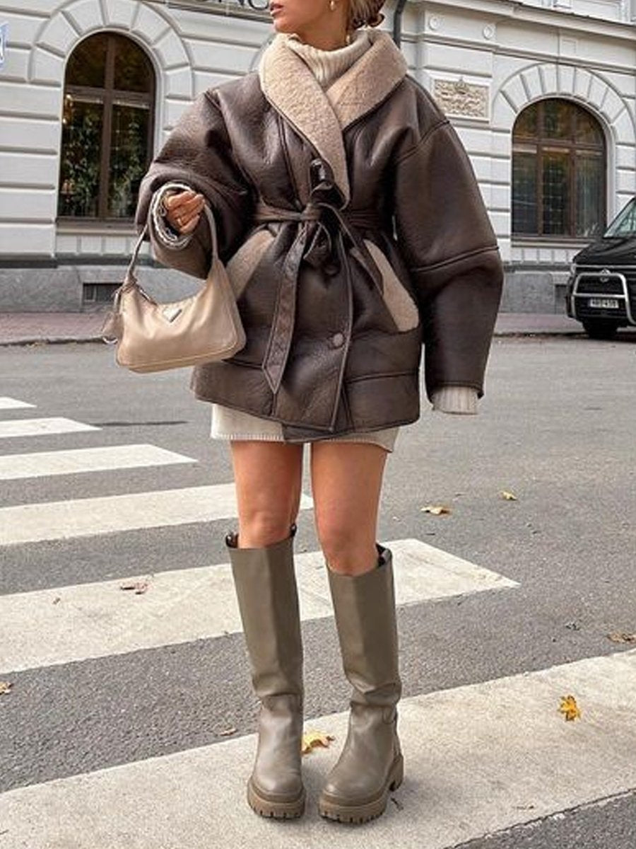 Fashion Leather Fur Collar Belted Jacket
