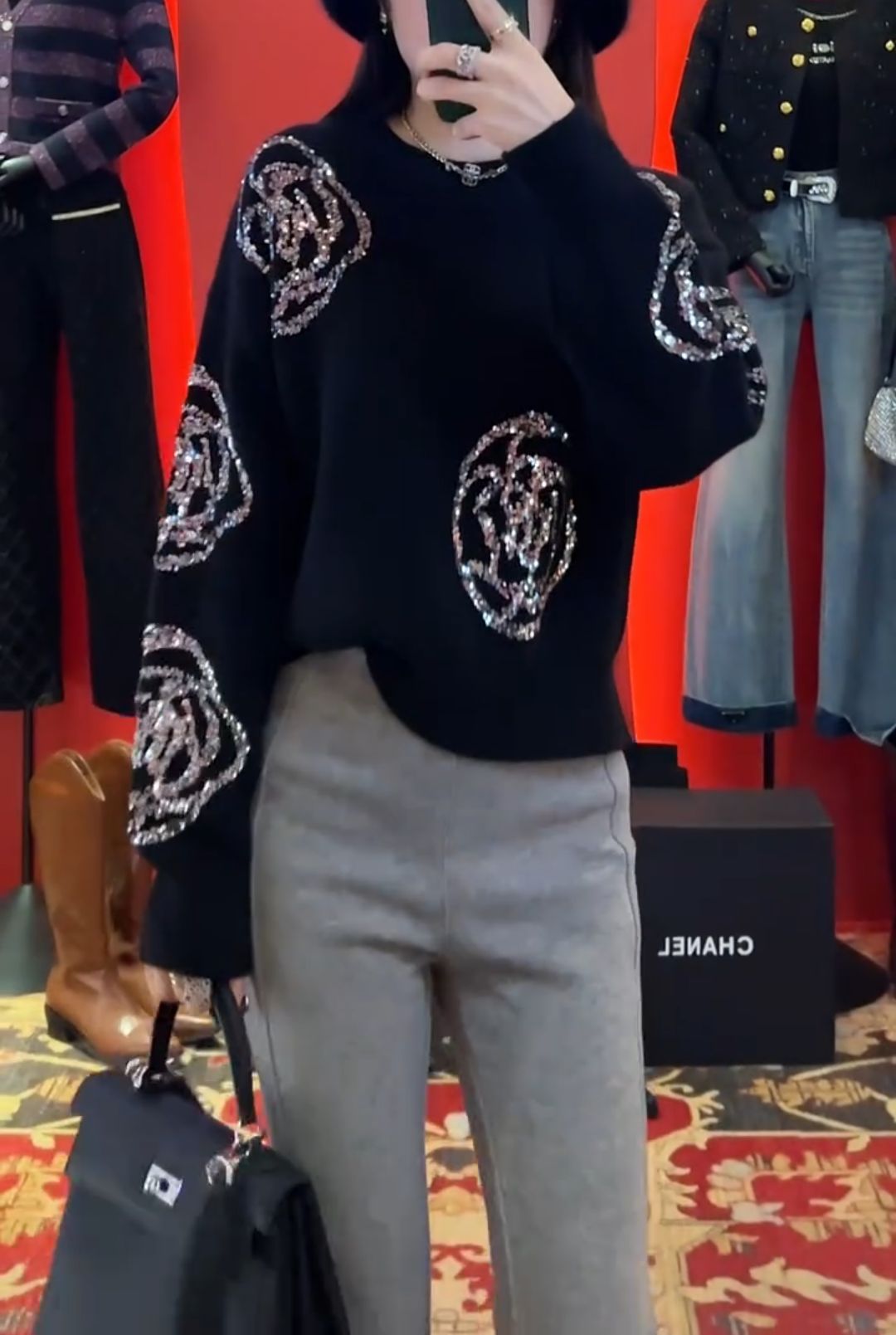 Black camellia sweater