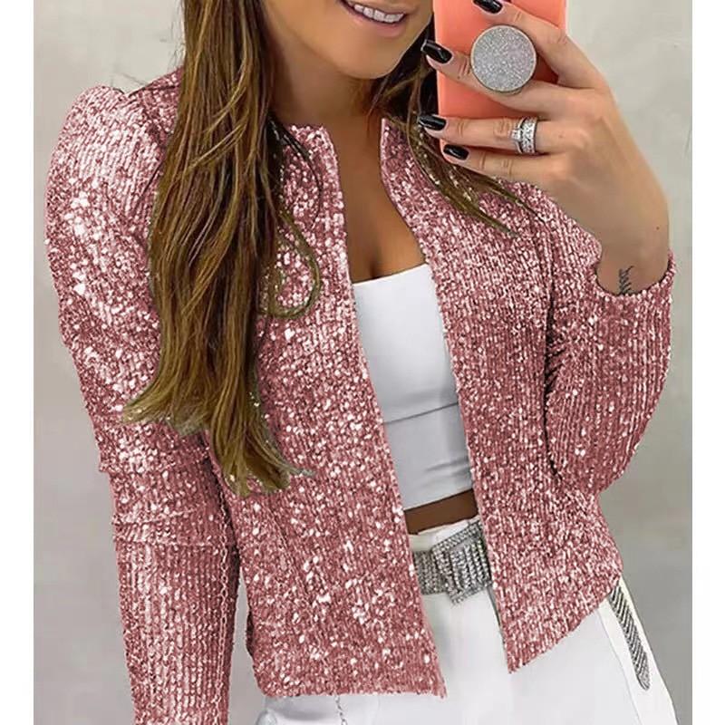 Stand collar color block sequined jacket