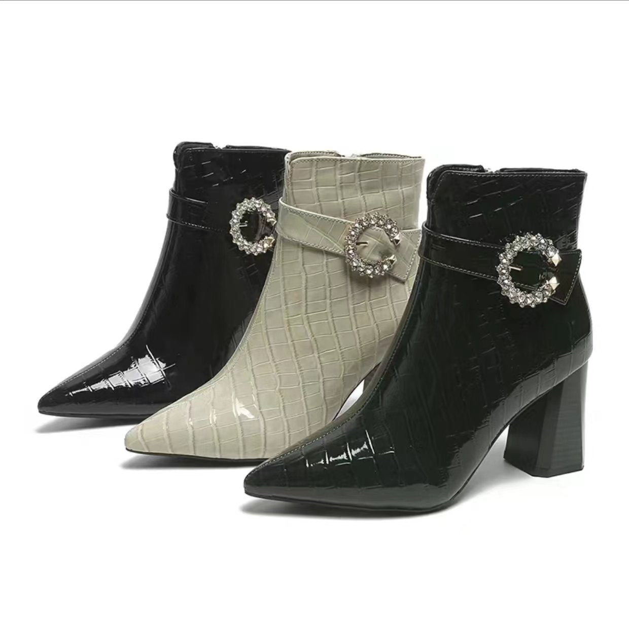 Shiny pointed toe thick heel fashion boots