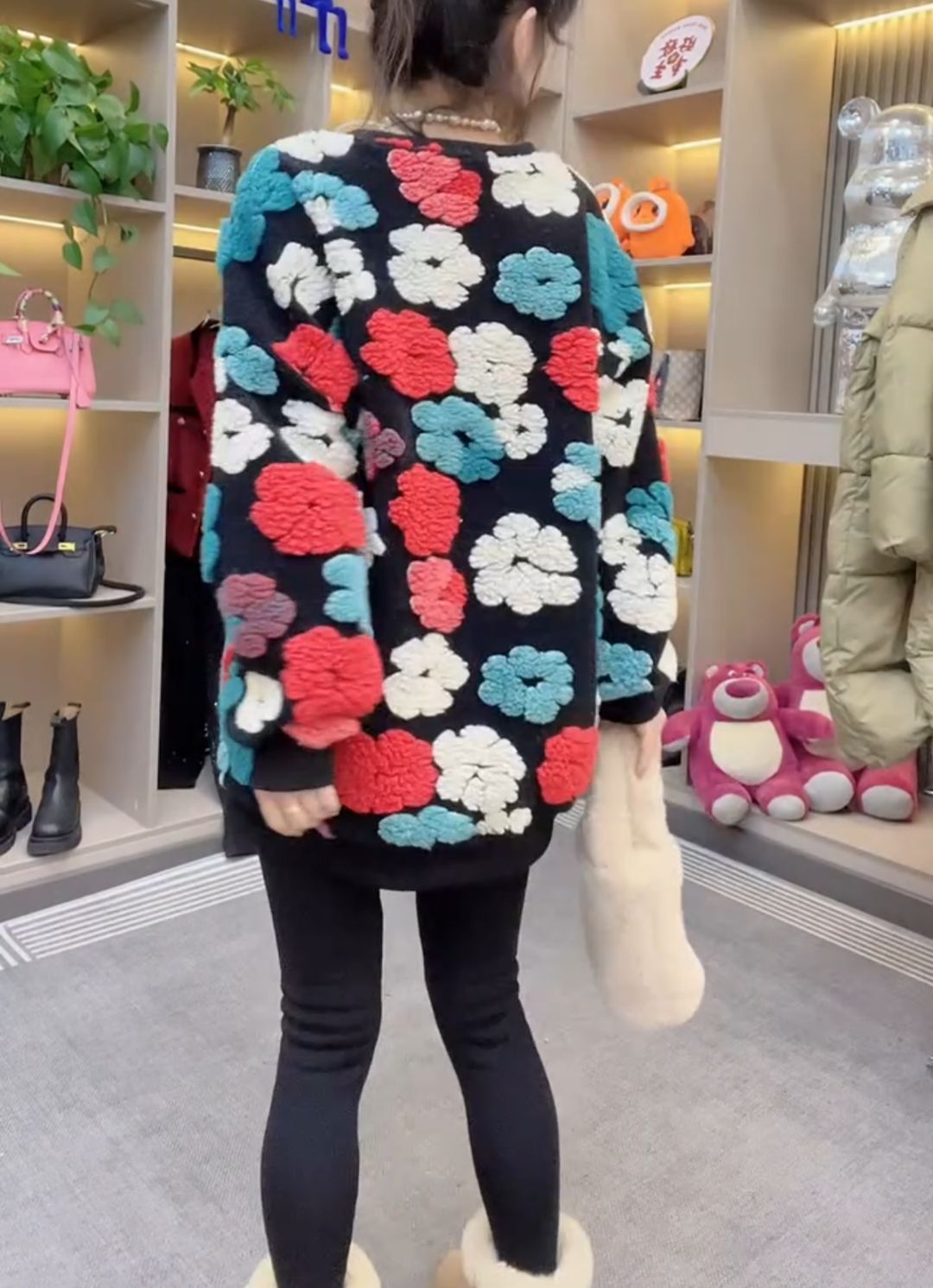 Sweet retro contrasting three-dimensional flower sweater