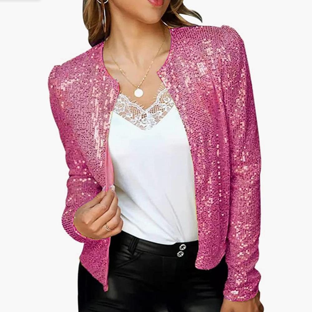 Stand collar color block sequined jacket