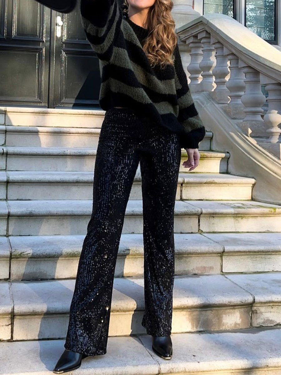 Solid Sequin Fashion Casual Straight Pants