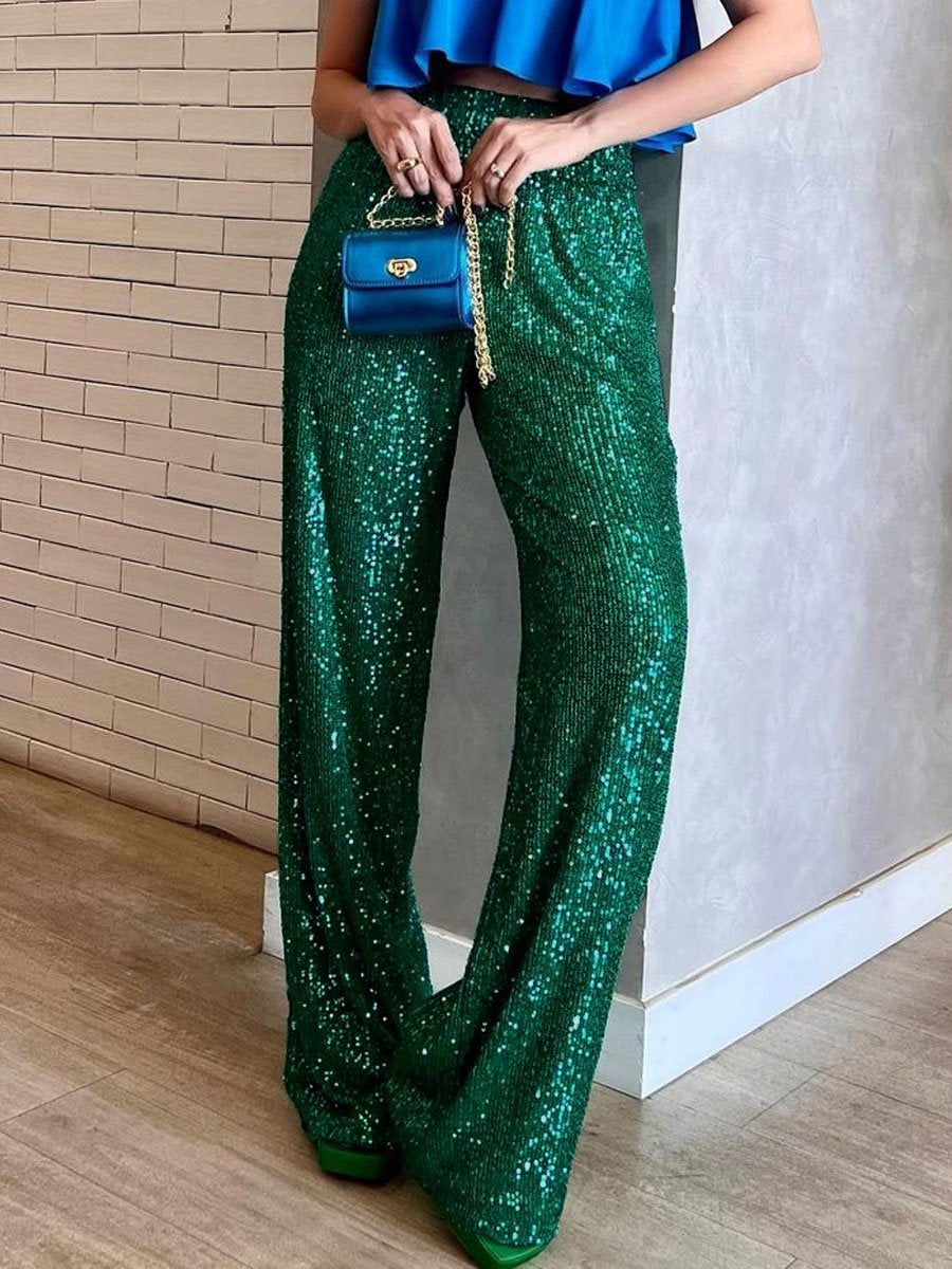 Solid Sequin Fashion Casual Straight Pants
