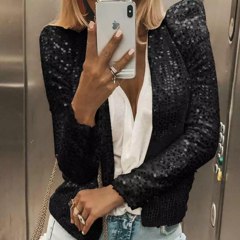 Stand collar color block sequined jacket