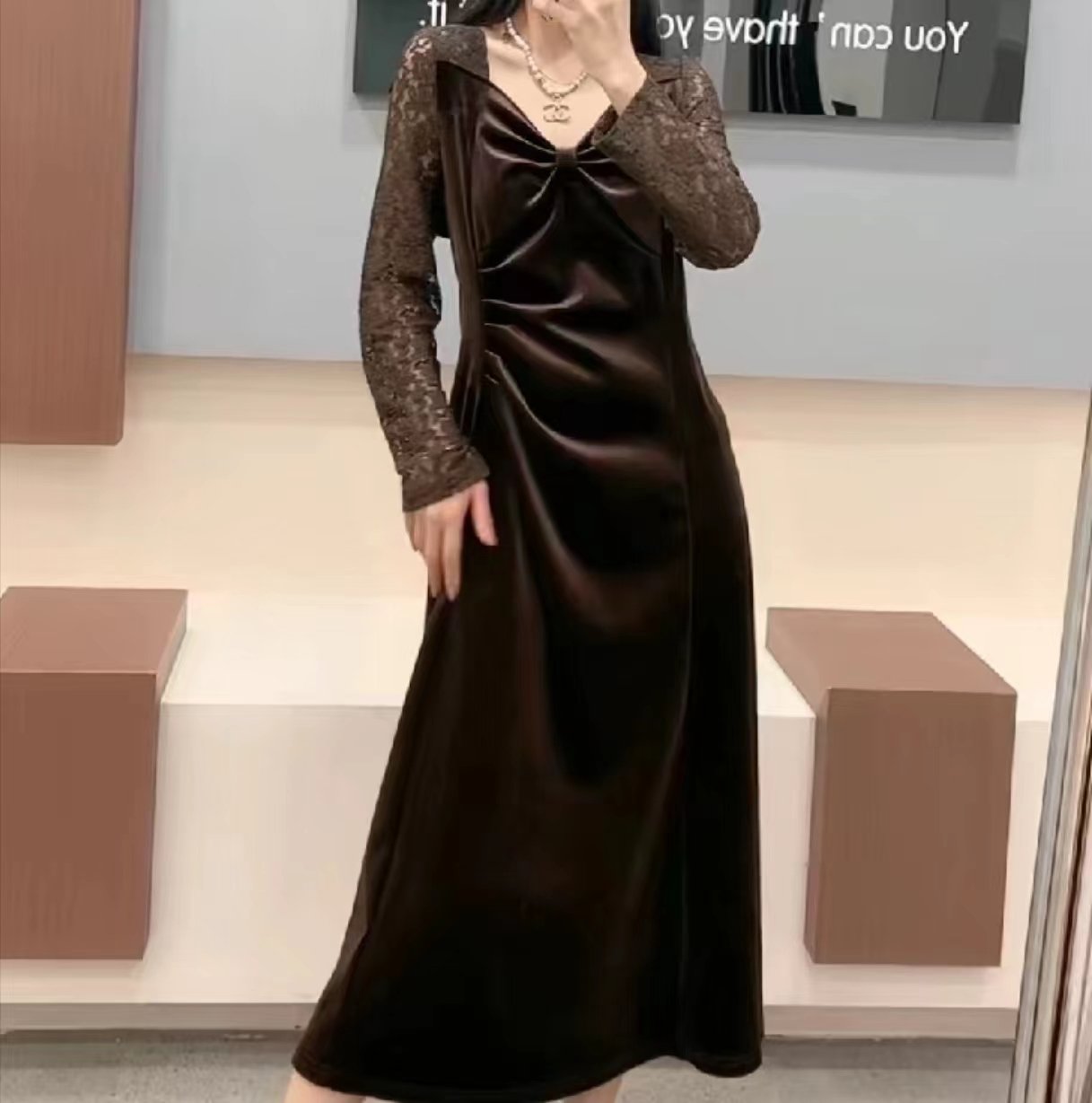 Women's Velvet Lace Long Dress
