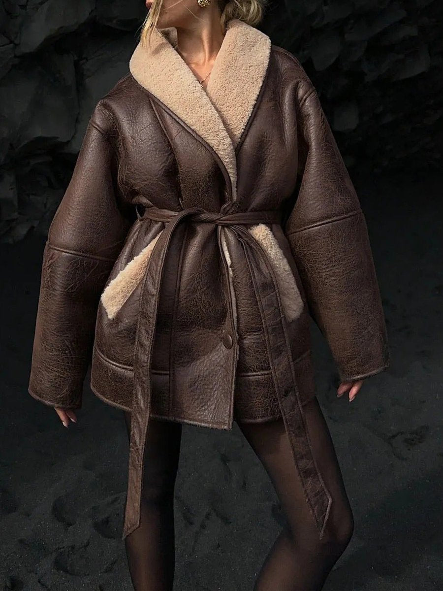 Fashion Leather Fur Collar Belted Jacket