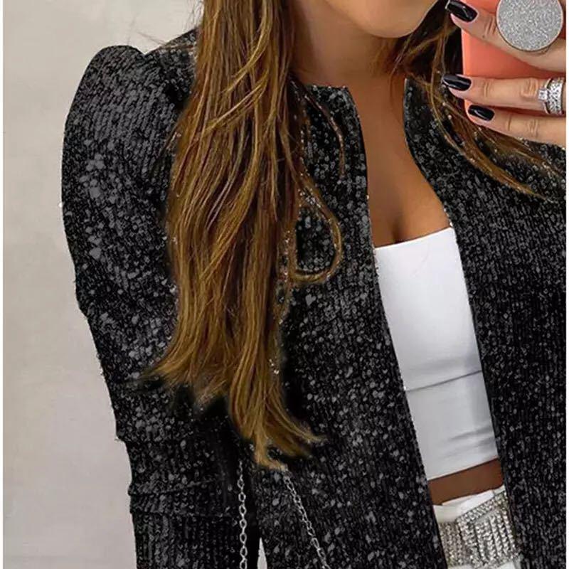 Stand collar color block sequined jacket