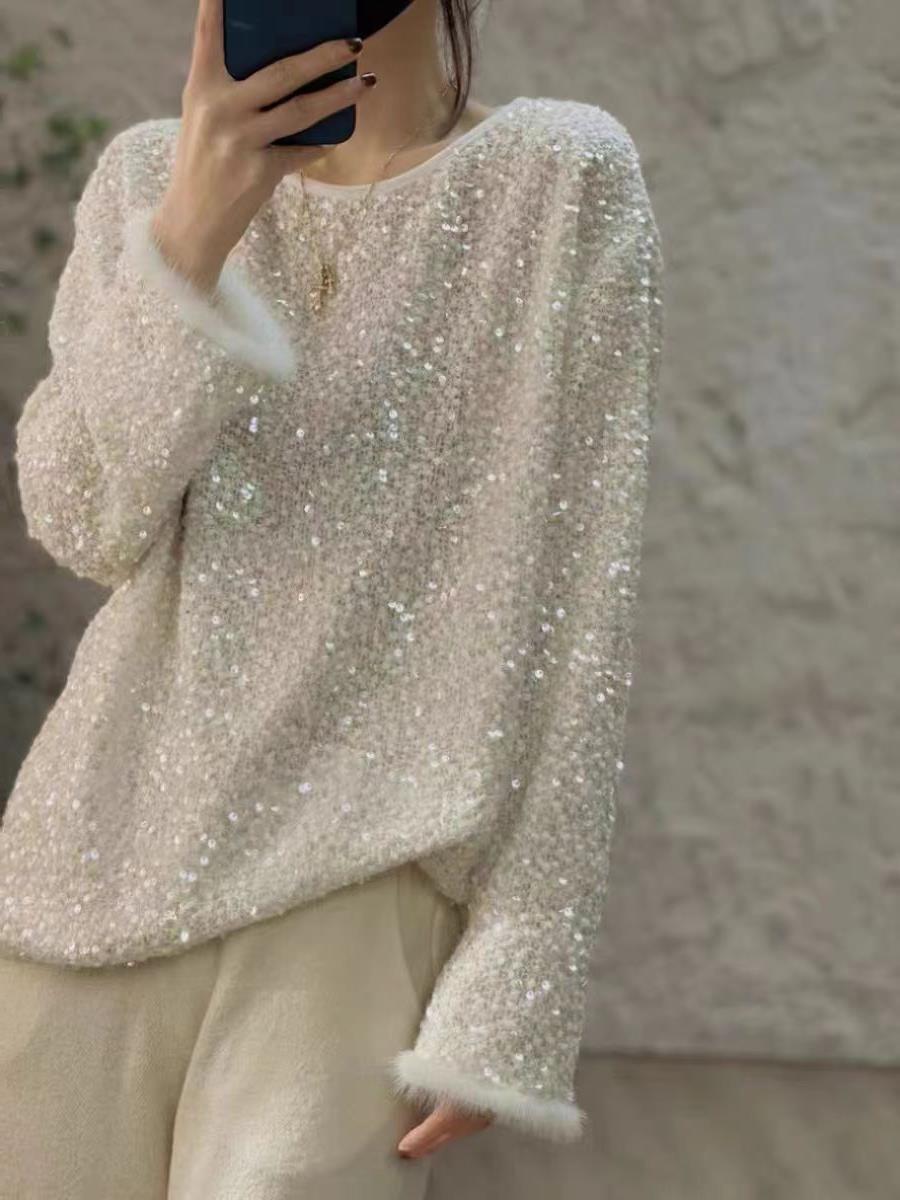 Women's furry top with sequin cuffs