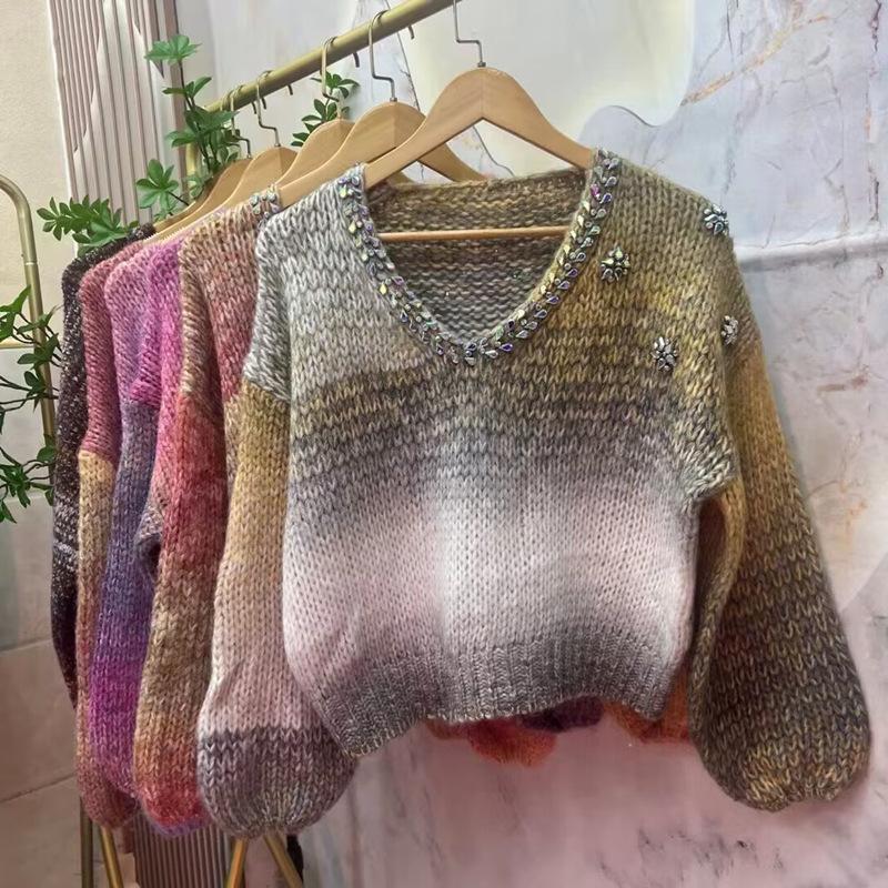 Diamond-encrusted Gradient V-neck Sweater
