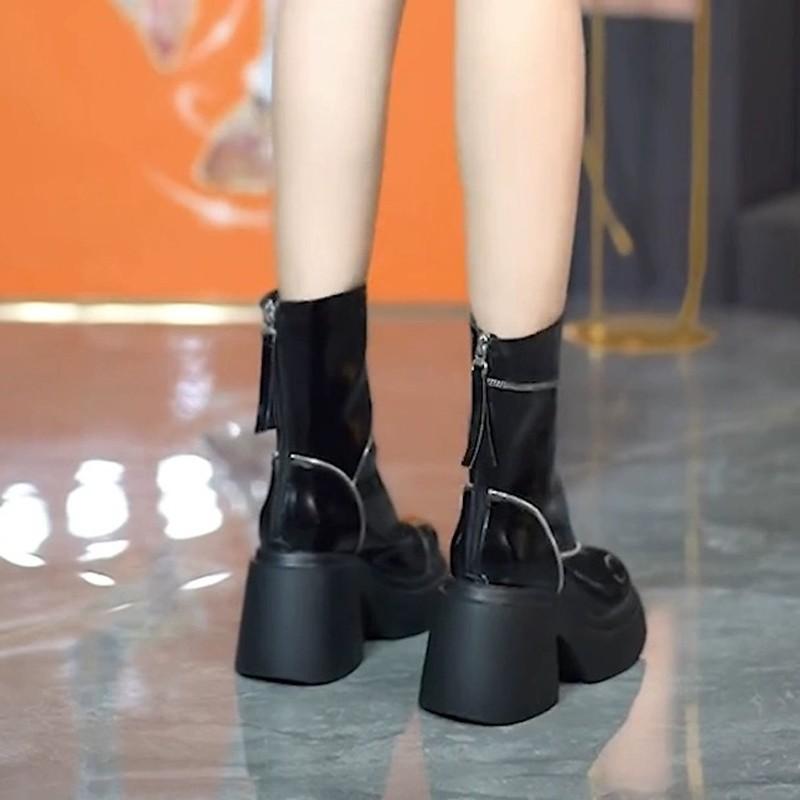 2023 New Thick Heel Slim Patent Leather Martin Boots