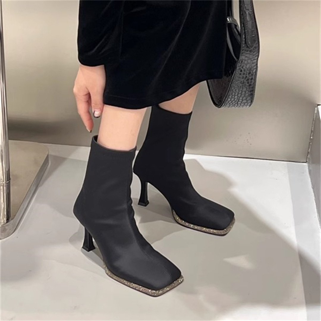 square toe rhinestone embellished stiletto boots
