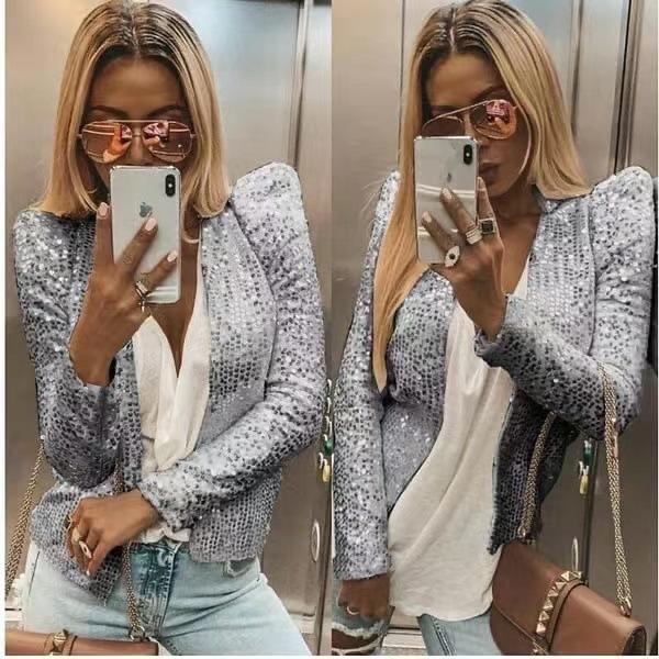 Stand collar color block sequined jacket