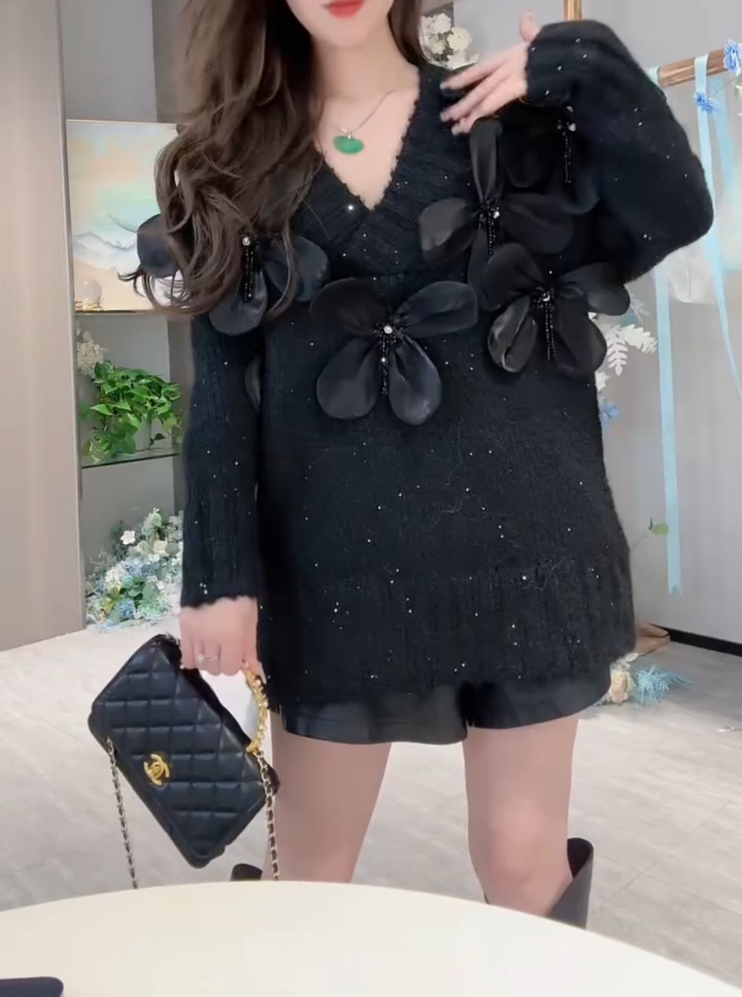 Women's Diamond-encrusted Three-dimensional Flower Sweater