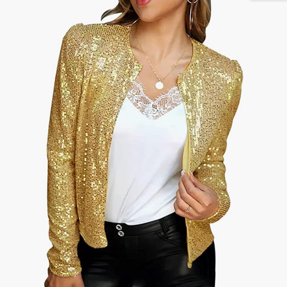 Stand collar color block sequined jacket