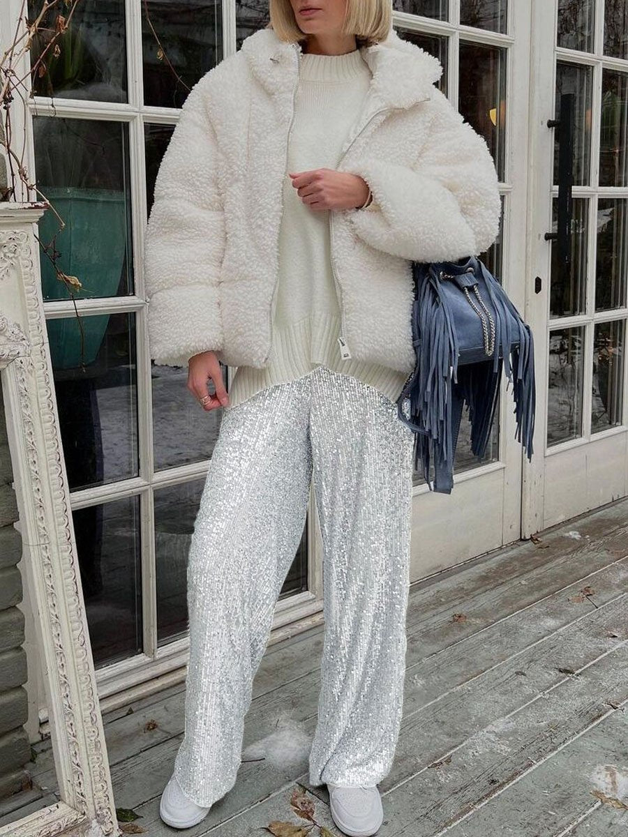 Solid Sequin Fashion Casual Straight Pants