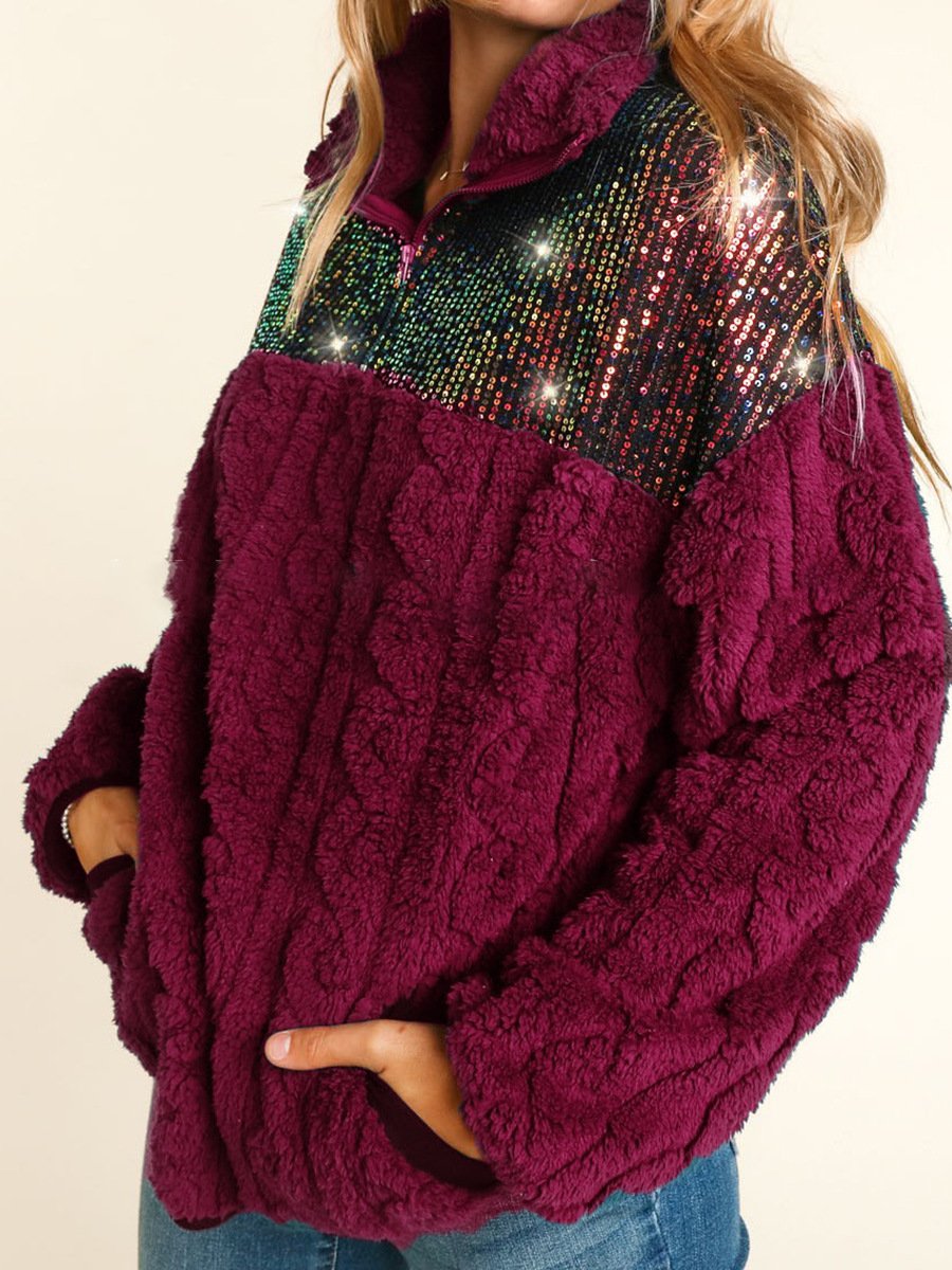 Pullover shiny jacquard patchwork turtleneck sweatshirt
