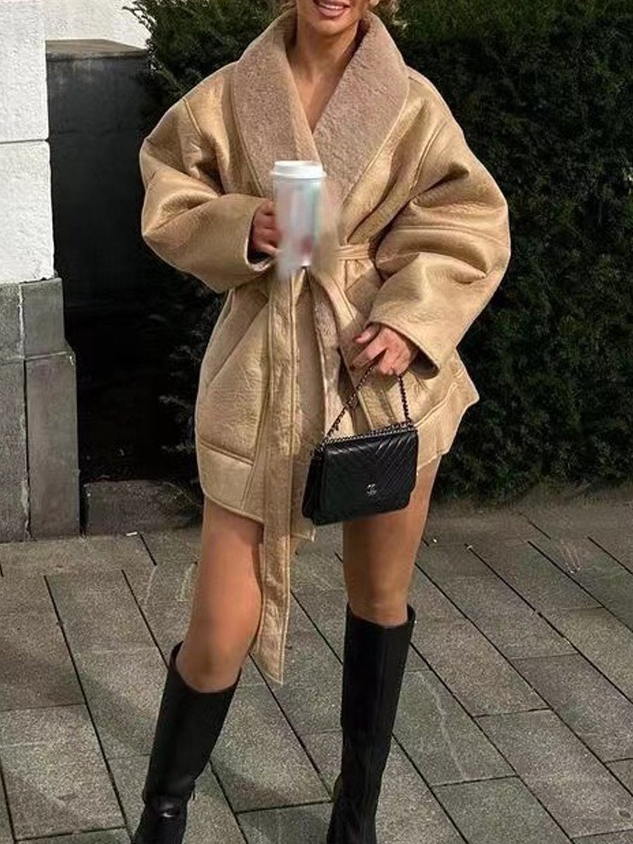 Fashion Leather Fur Collar Belted Jacket