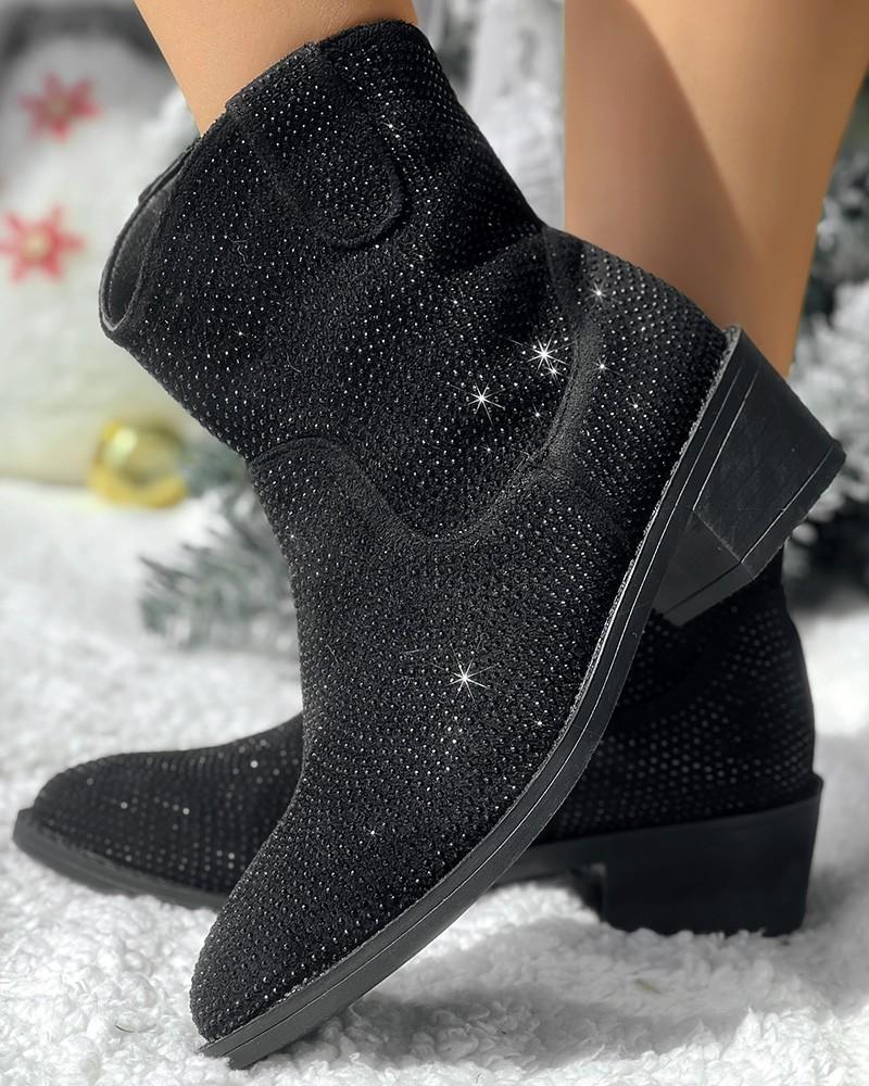 Rhinestone Chunky Heel Ankle Boots