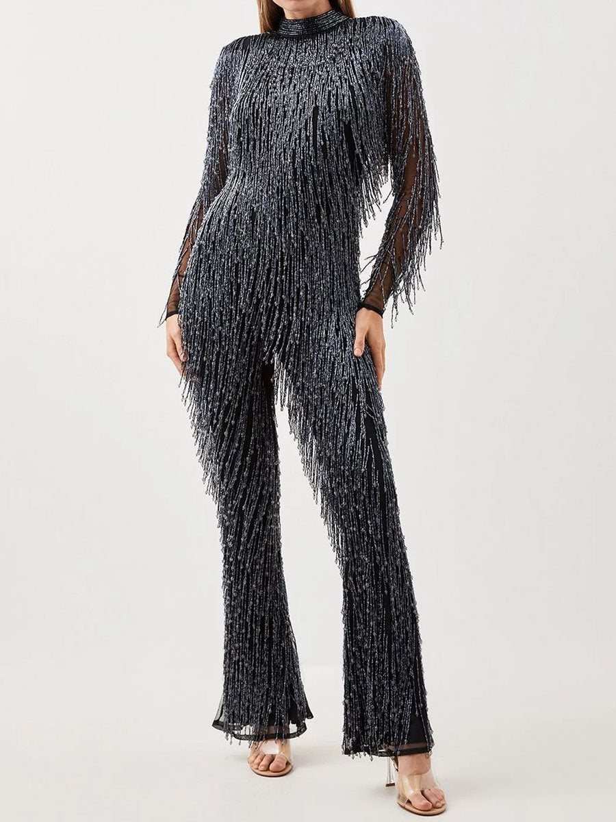 Fringed See Through Long Sleeve Party Jumpsuit