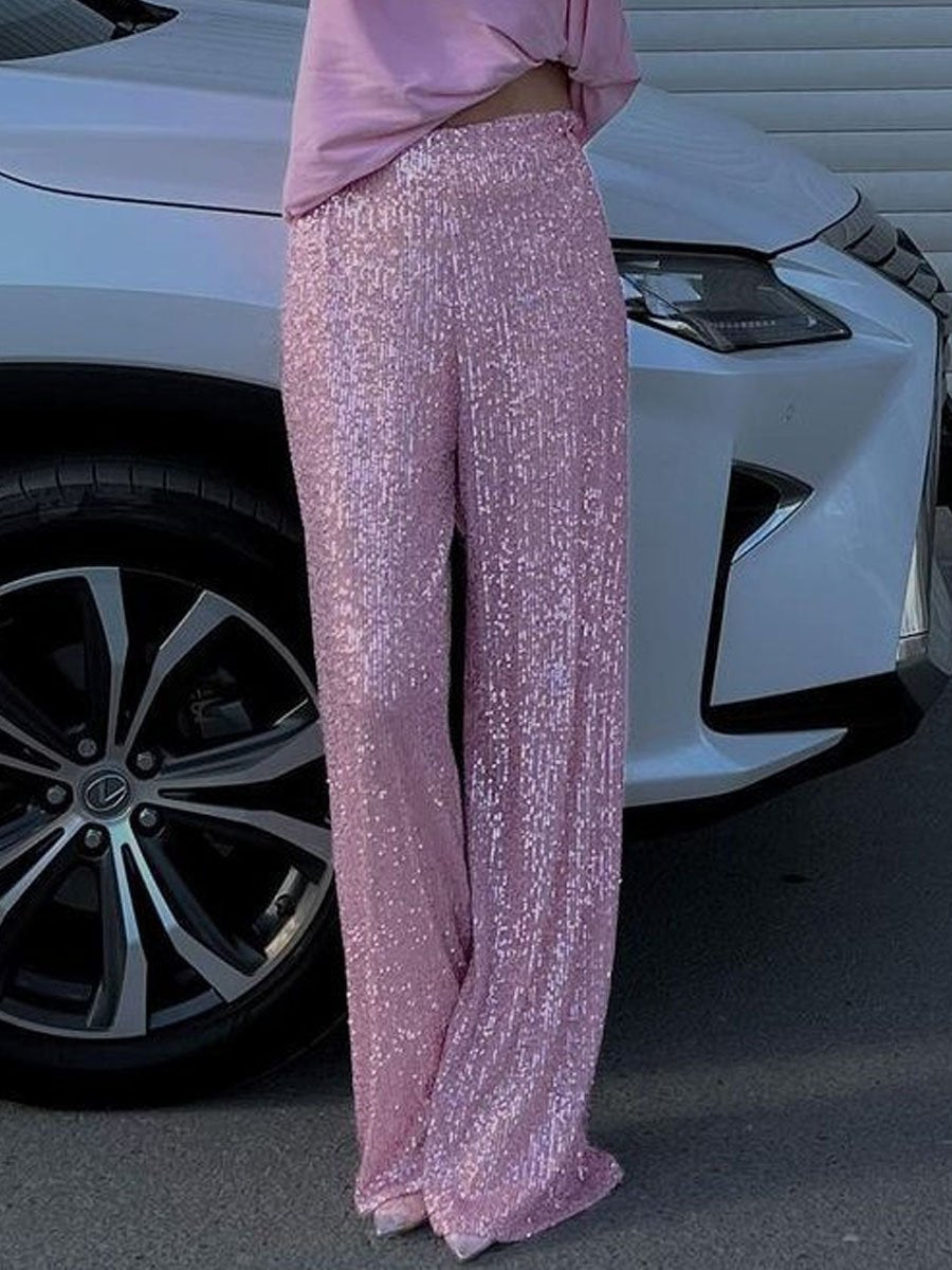 Solid Sequin Fashion Casual Straight Pants