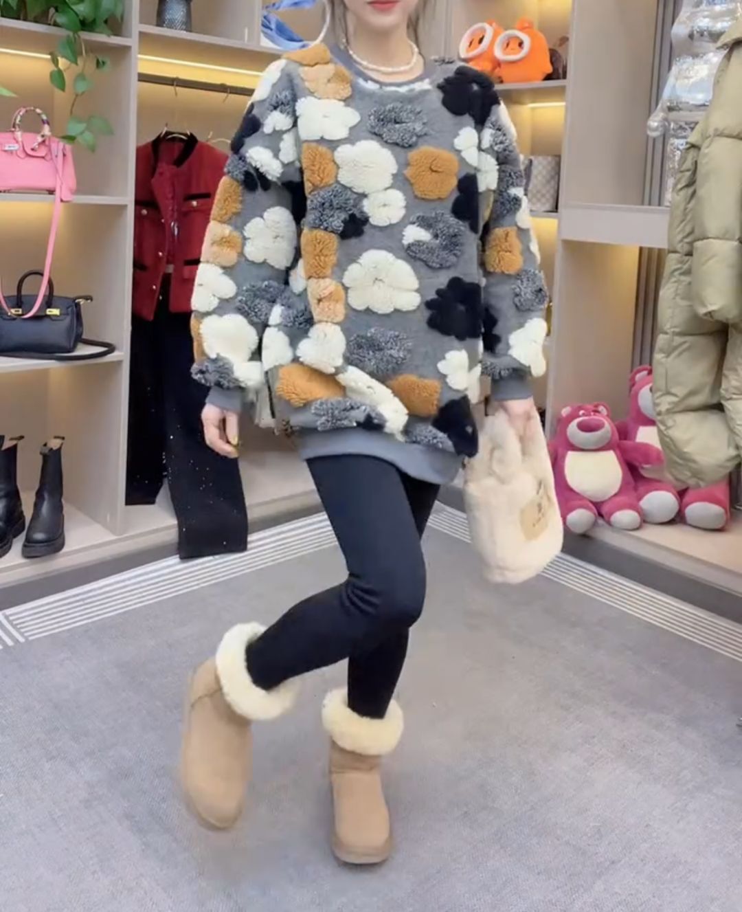 Sweet retro contrasting three-dimensional flower sweater