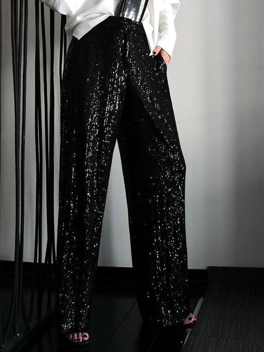 Solid Sequin Fashion Casual Straight Pants
