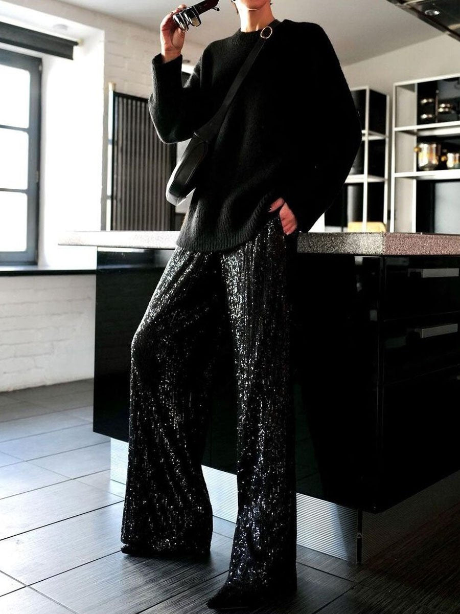 Solid Sequin Fashion Casual Straight Pants