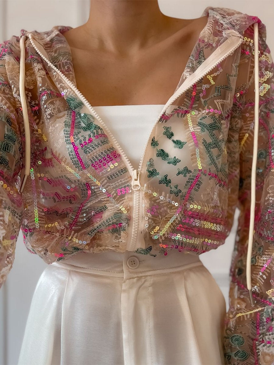 Sequined Mesh Hooded Sunscreen Jacket