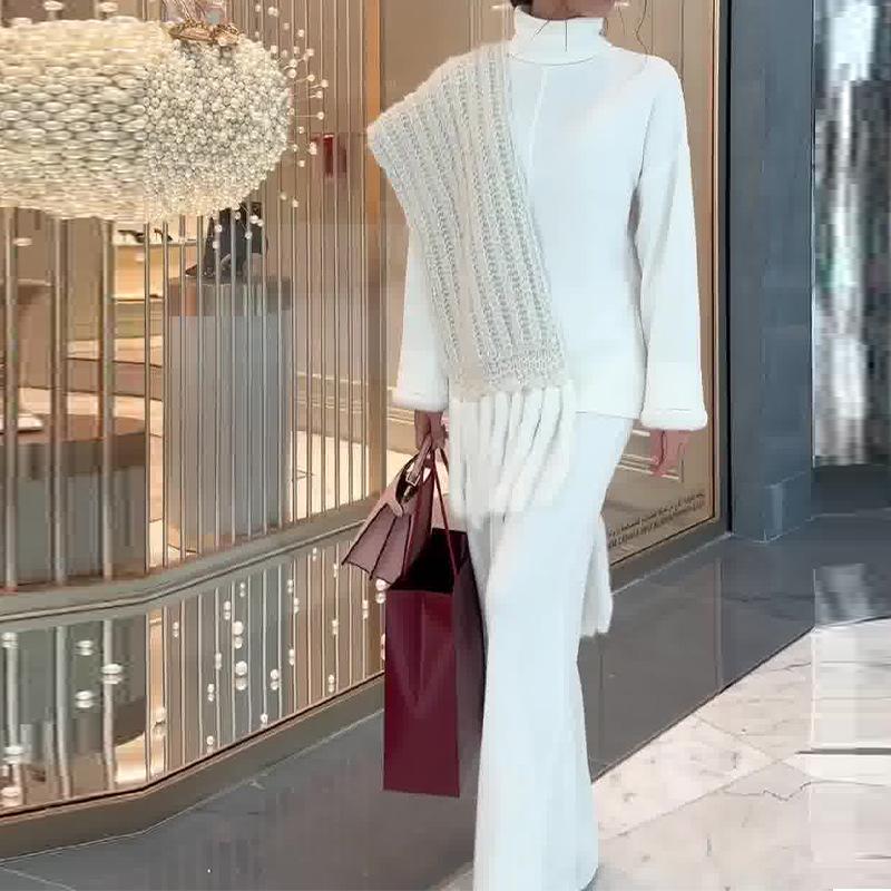 Solid color gentle style comfortable turtleneck sweater two-piece set