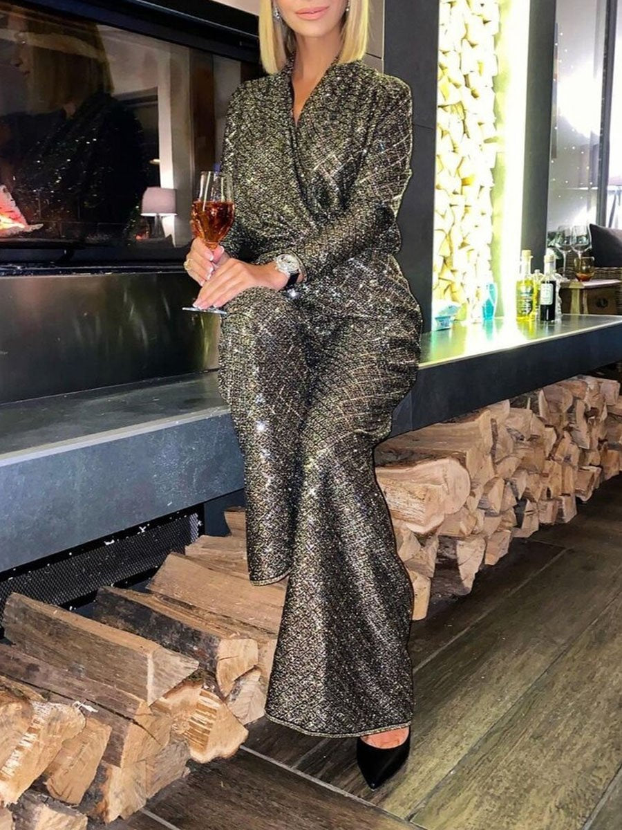 Hot Stamping V Neck Long Sleeve Jumpsuit