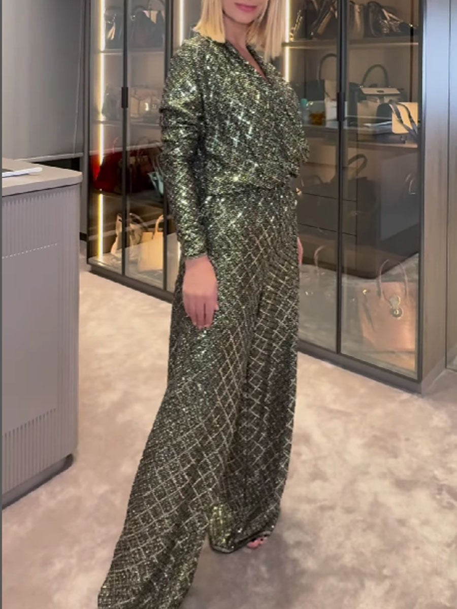 Hot Stamping V Neck Long Sleeve Jumpsuit