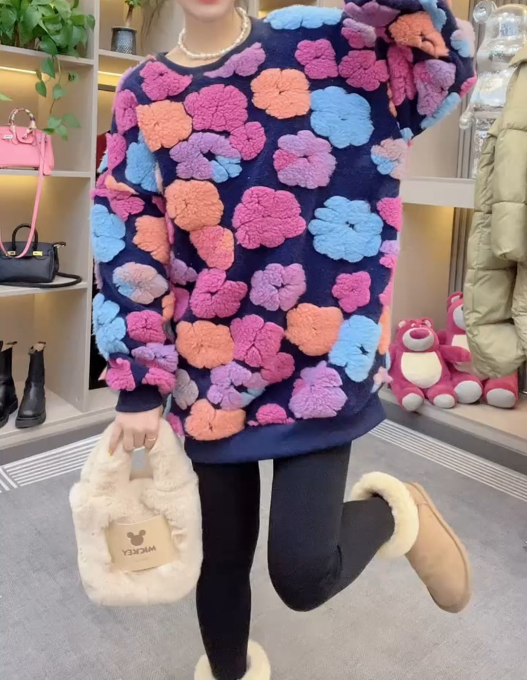 Sweet retro contrasting three-dimensional flower sweater
