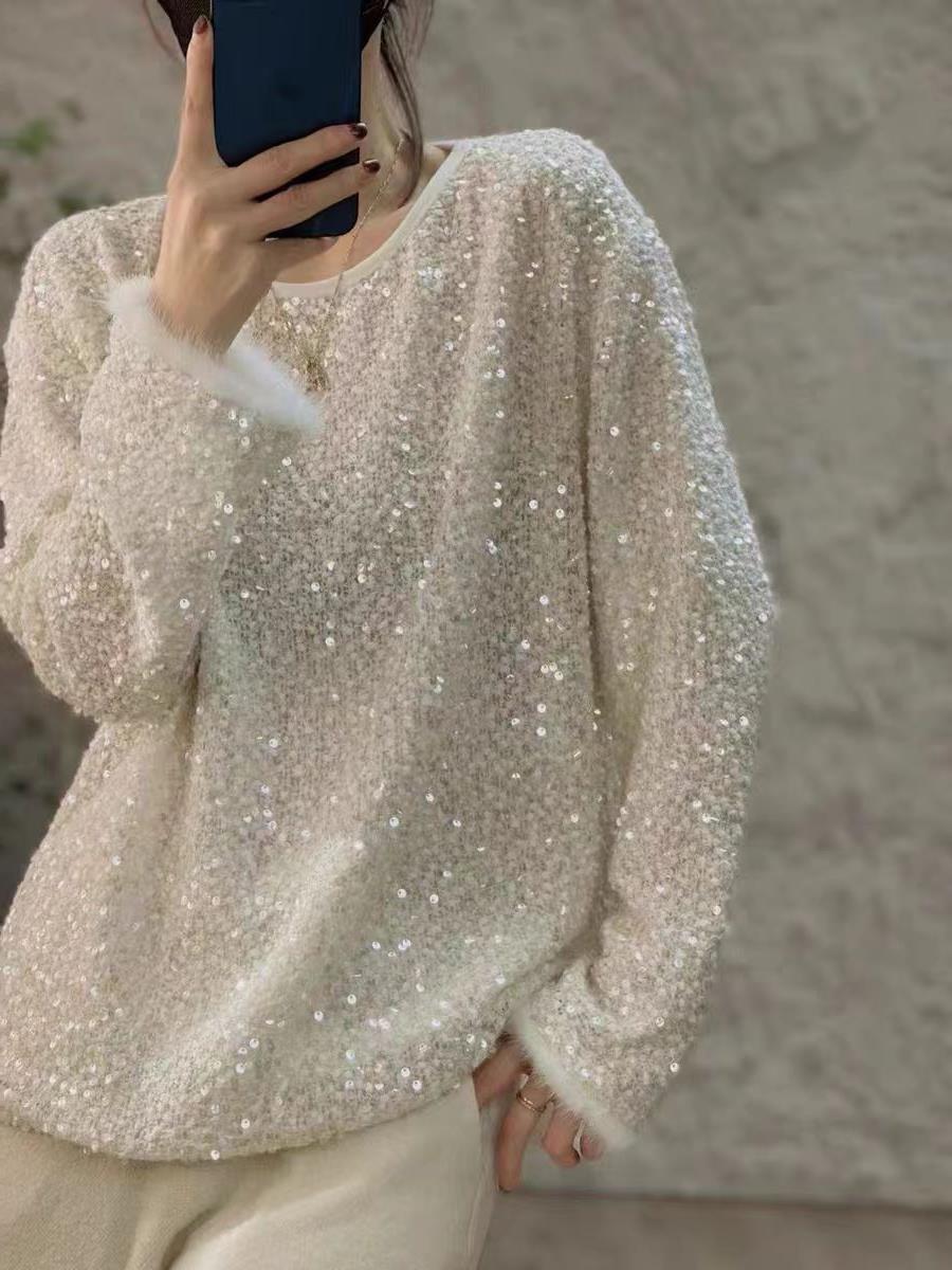 Women's furry top with sequin cuffs