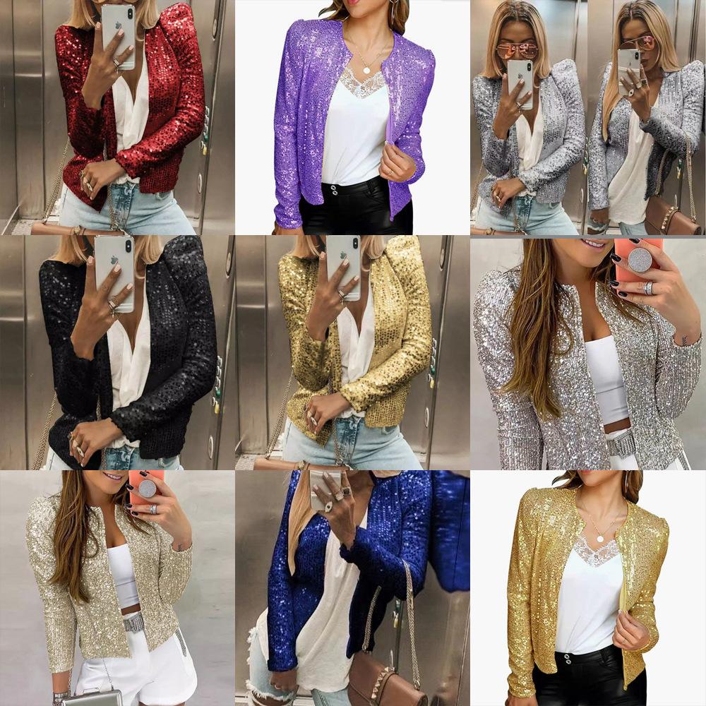 Stand collar color block sequined jacket