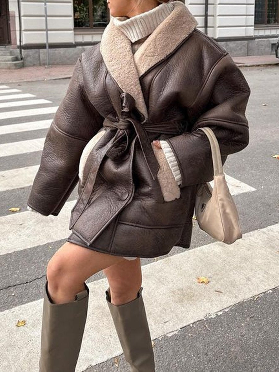 Fashion Leather Fur Collar Belted Jacket