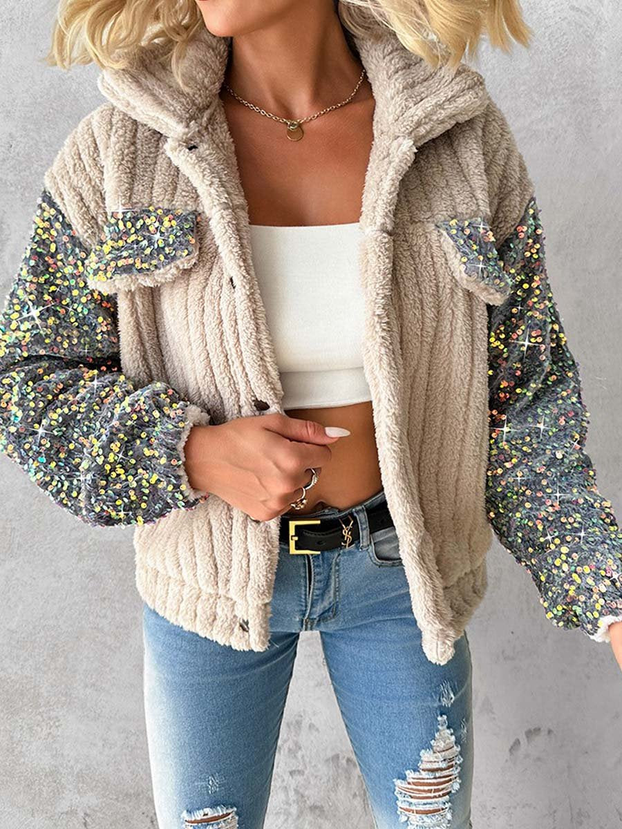 Turndown Collar Sequin Patchwork Jacket