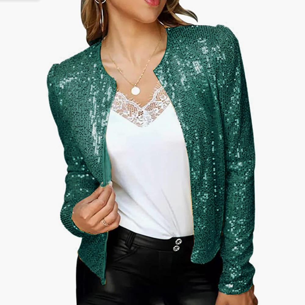 Stand collar color block sequined jacket