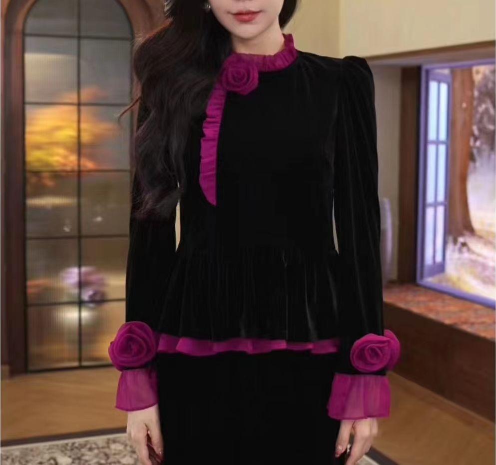 Fashionable three-dimensional floral velvet top