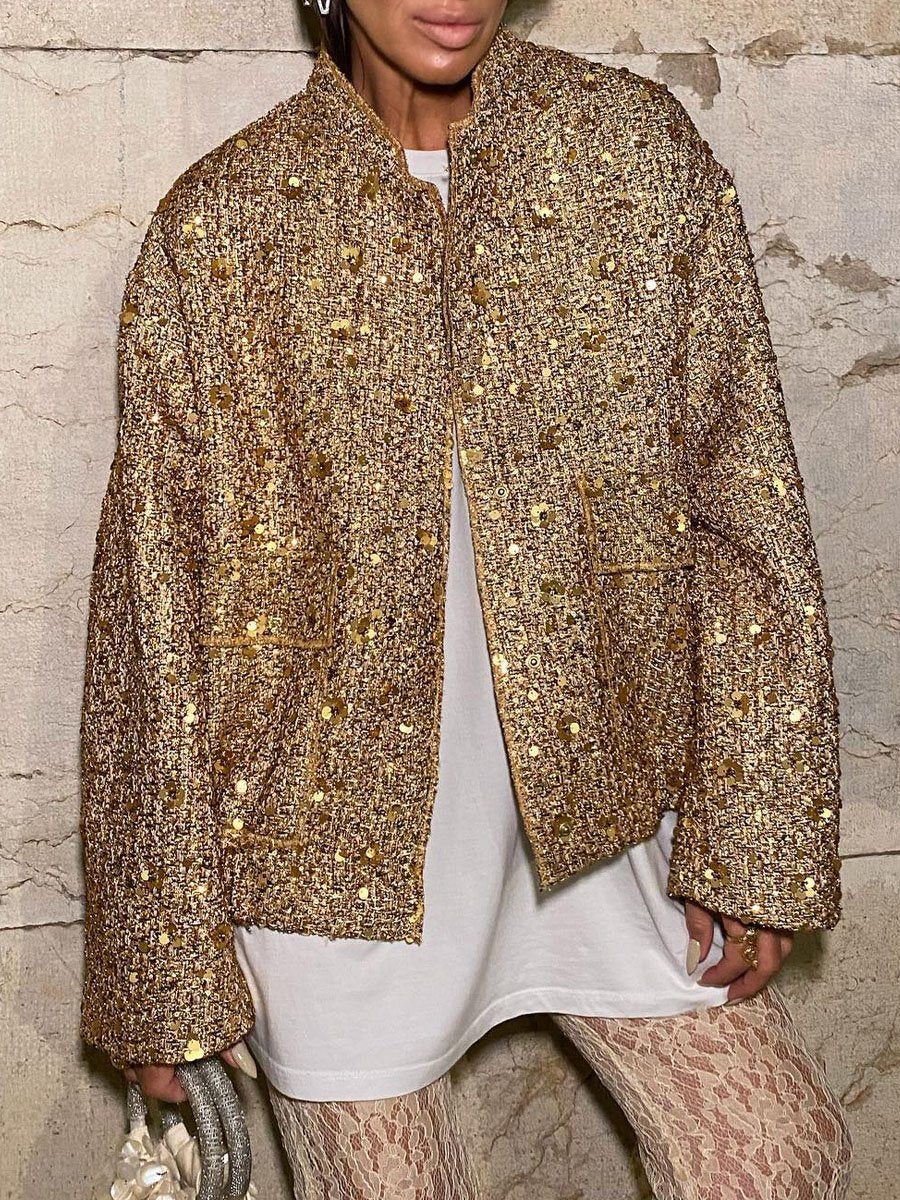 Sequin High Collar Long Sleeve Jacket